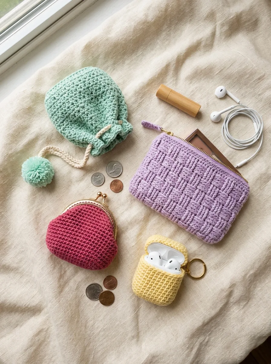 A group of small crochet pouches: a mint drawstring pouch, a berry coin purse with a clasp, a lilac zipper makeup bag, and a butter-yellow AirPods case.