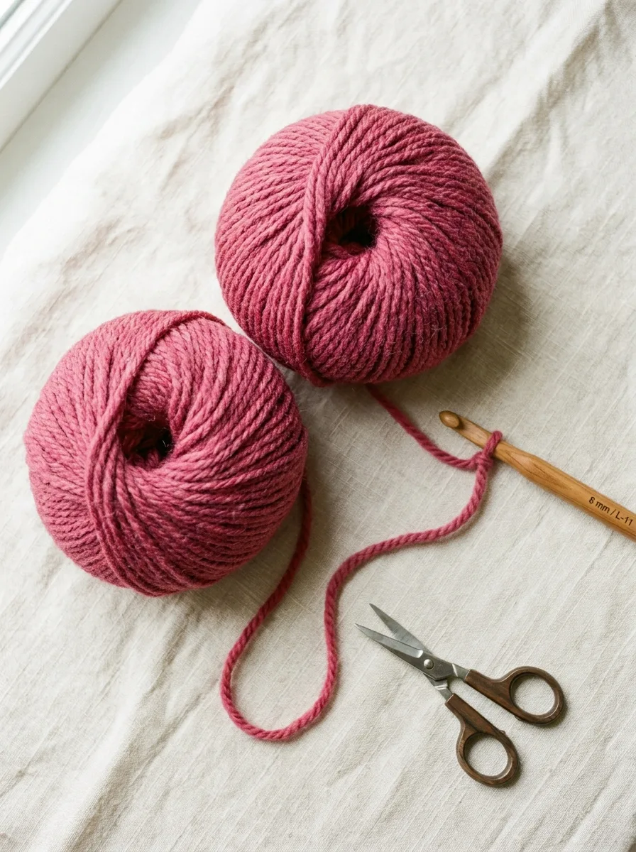 Chunky bulky-weight yarn in berry pink with an 8 mm crochet hook.
