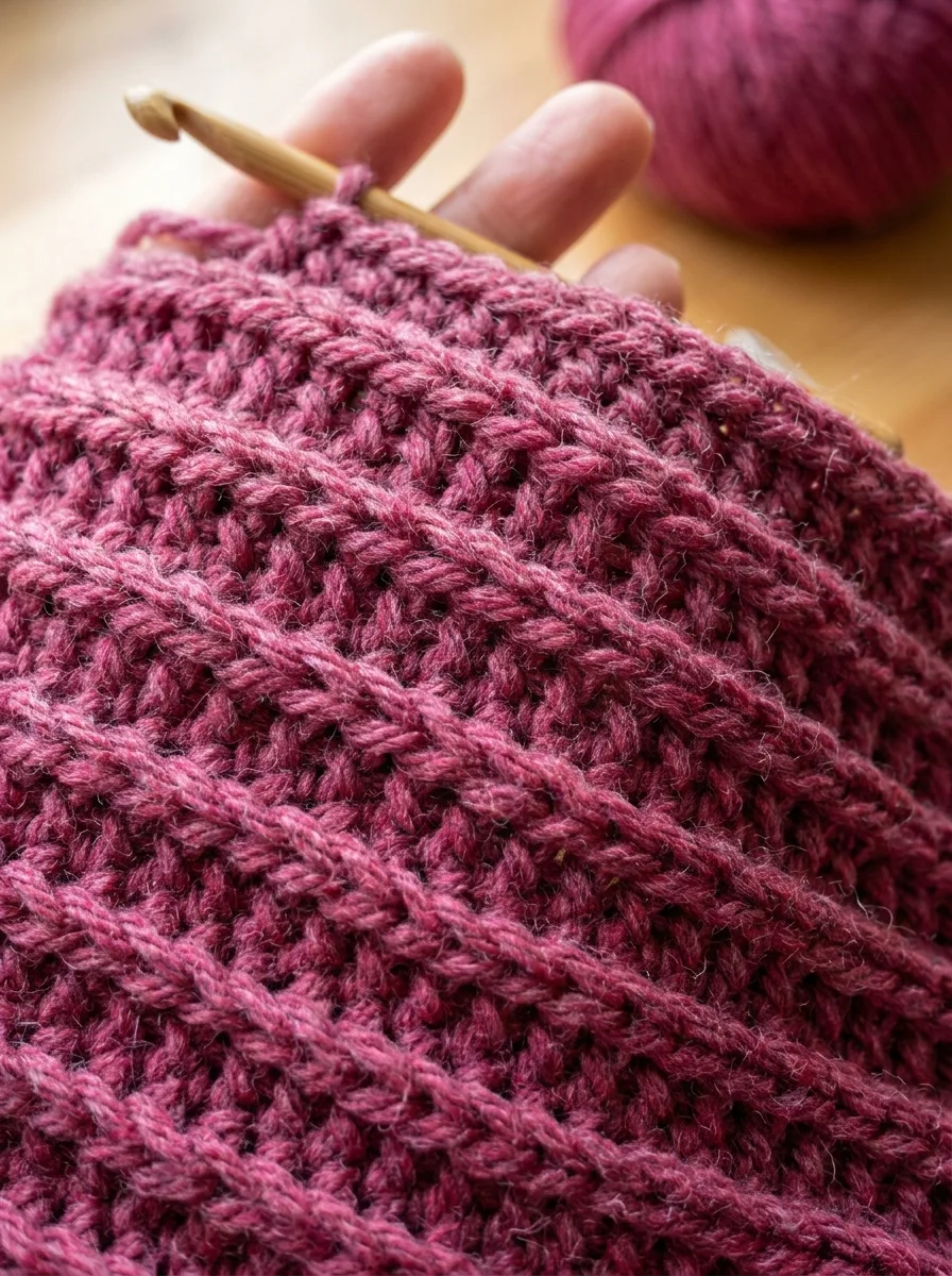 Close-up of half double crochet worked in the back loop only, creating horizontal ribs.