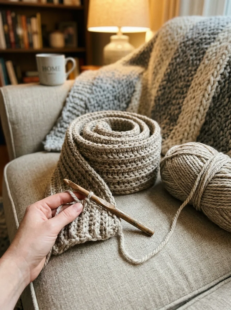 A long ribbed crochet scarf in progress rolled up with the hook attached.