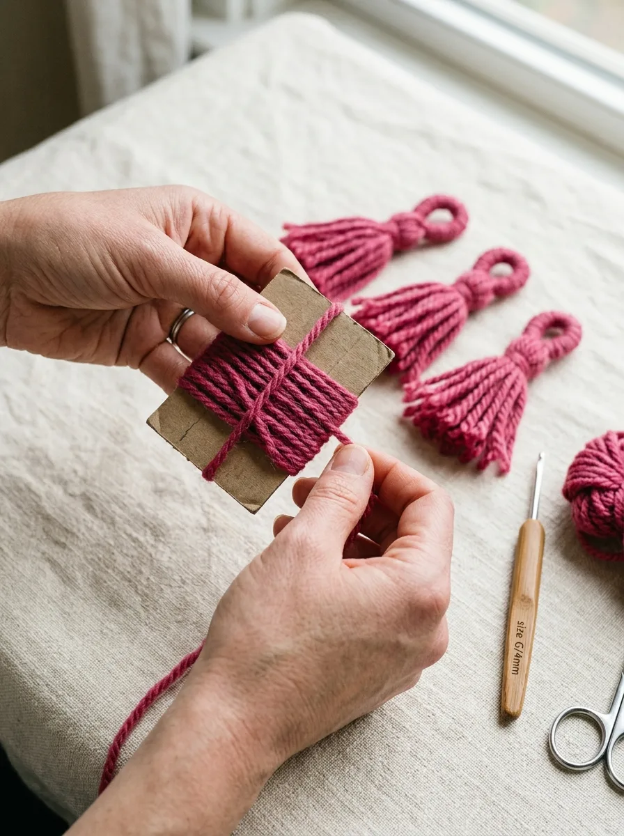 Hands making tassels for the scarf ends by wrapping yarn around a card.