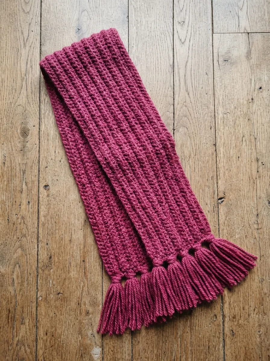 The finished ribbed crochet scarf with tassels laid flat.