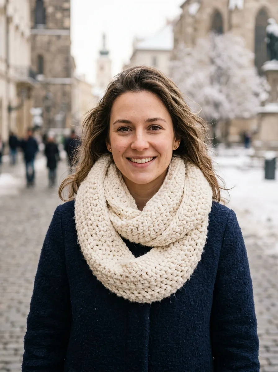 A chunky crochet infinity scarf worn looped twice around the neck.