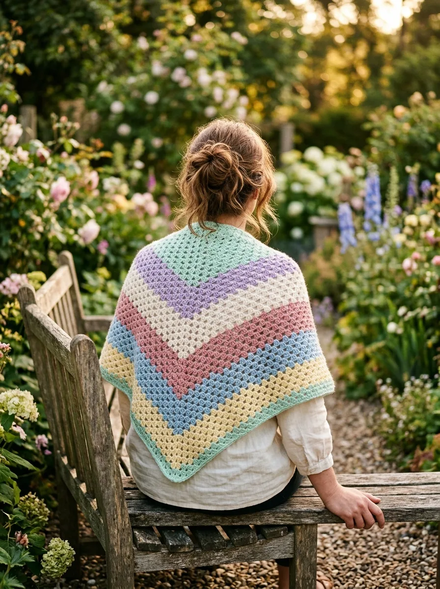 A granny triangle shawl in pastel stripes draped over shoulders.