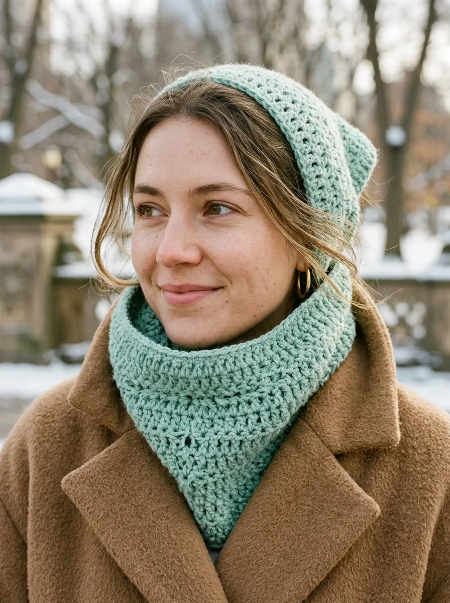 A crochet bandana cowl in mint worn under a coat collar.