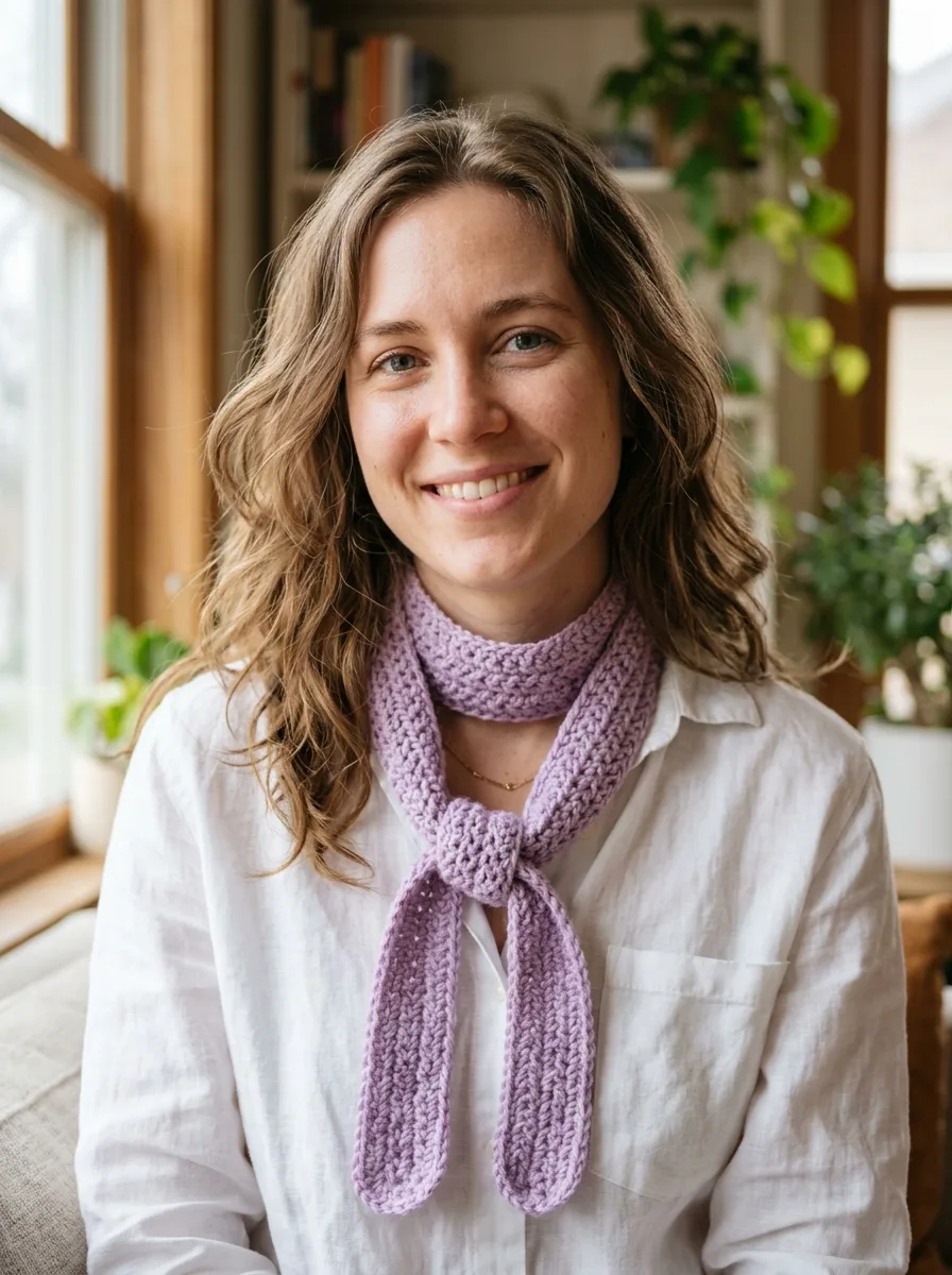 A skinny crochet scarf in lilac tied loosely at the neck.