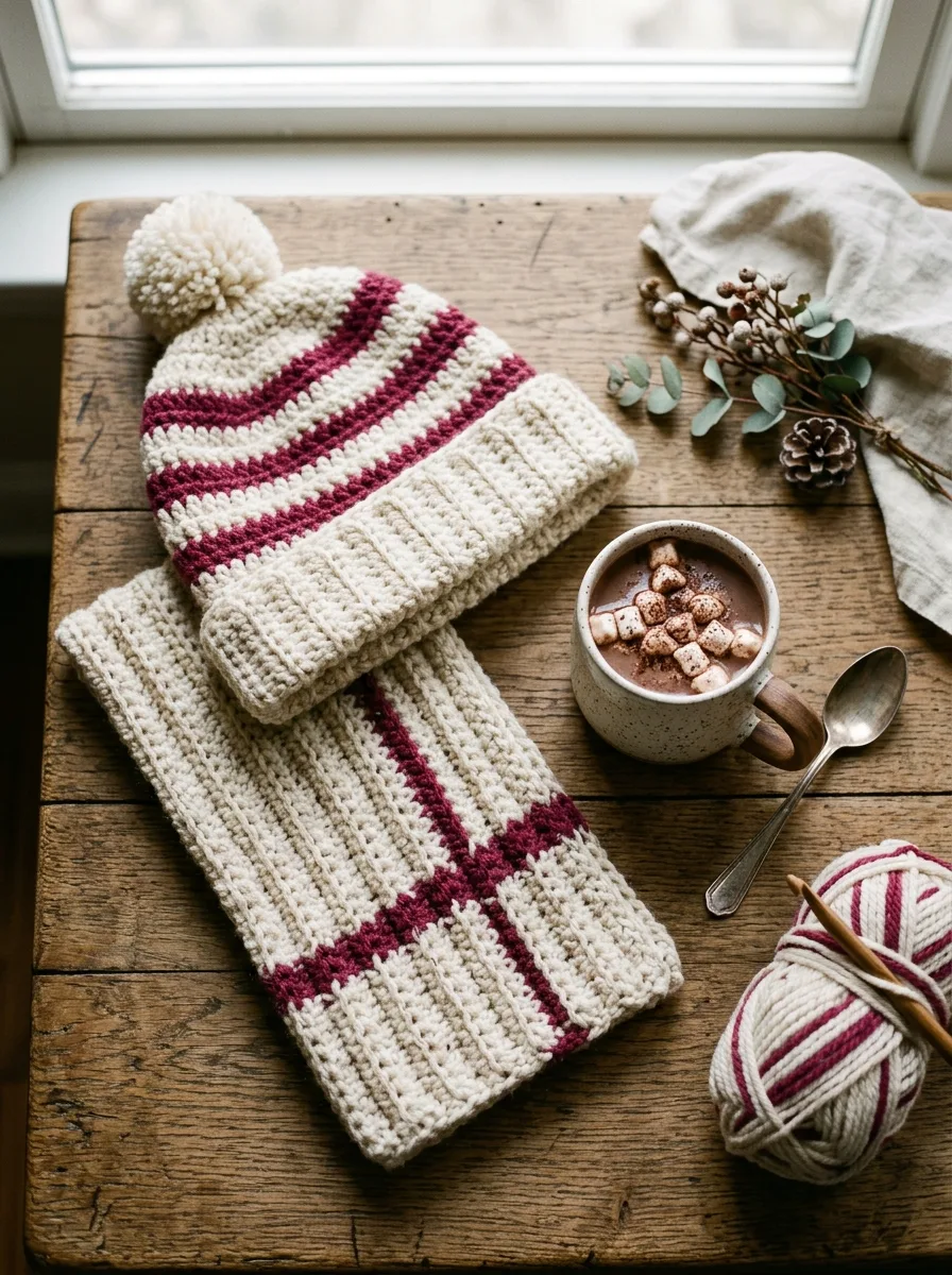 A matching crochet scarf and beanie set in cream and berry.