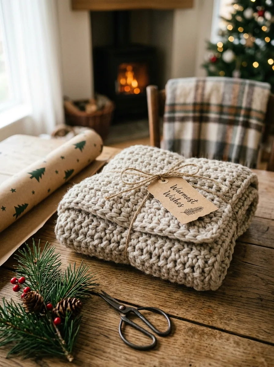 A folded crochet scarf wrapped as a gift with a tag.