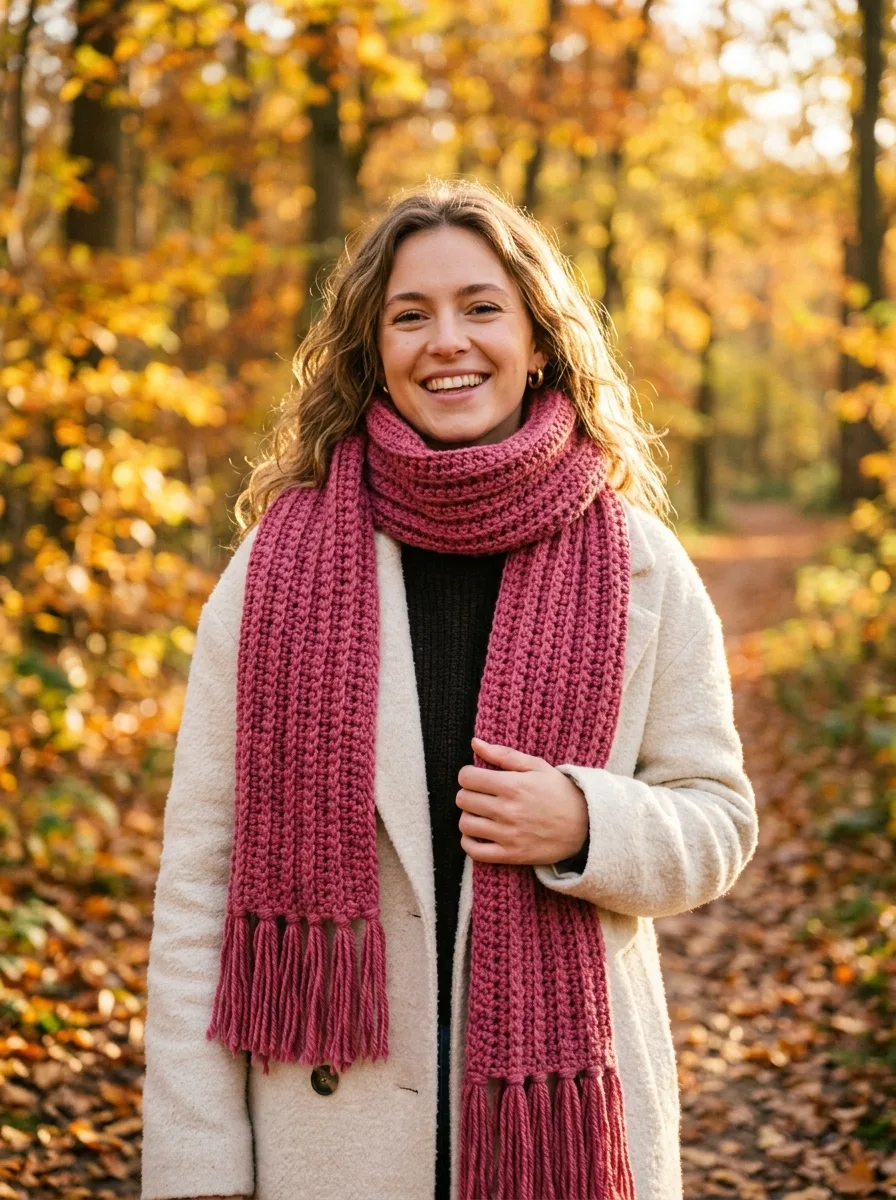 A woman wrapped in a chunky ribbed crochet scarf in berry pink, standing outdoors in autumn light.