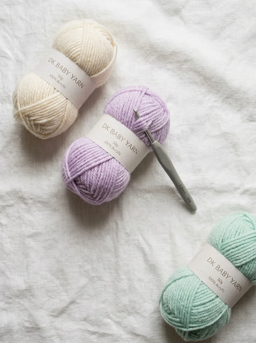 Soft DK baby yarn in cream, lilac, and mint with a 5 mm hook.