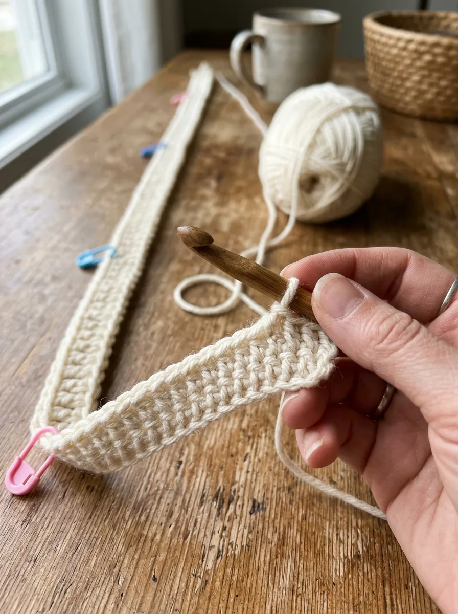 The long foundation chain and first row of half double crochet for a baby blanket.