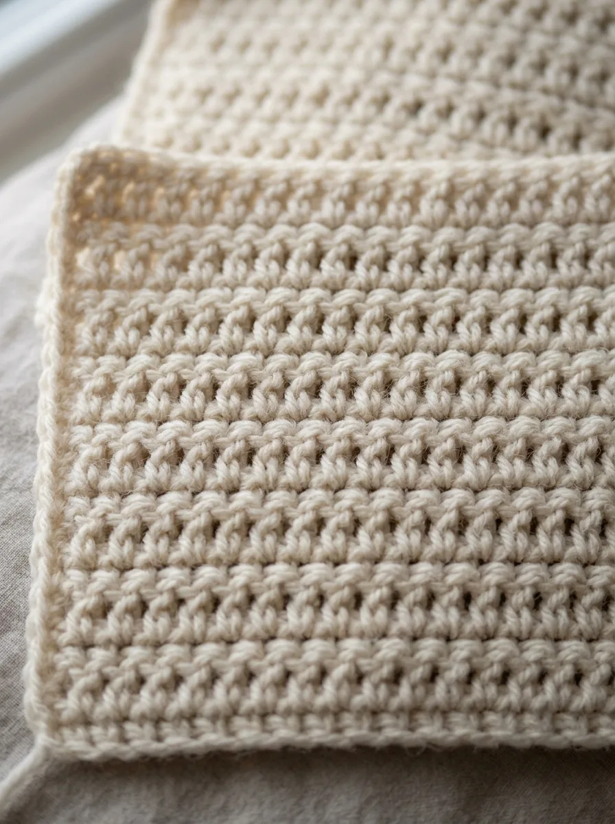 Close-up of half double crochet rows showing the soft, dense texture.