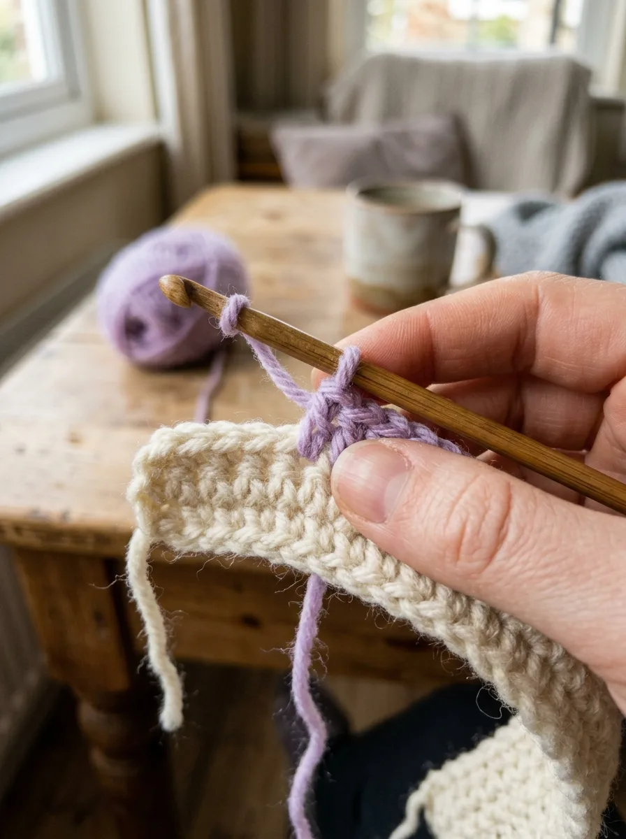 A new stripe color joined at the end of a row, with the old color cut.