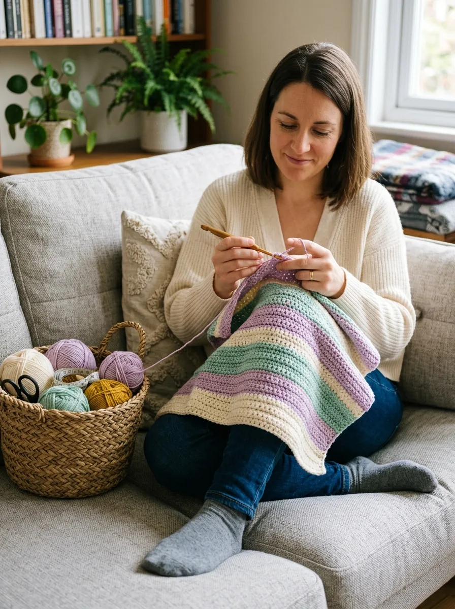 A baby blanket in progress with several stripes completed, draped over knees.