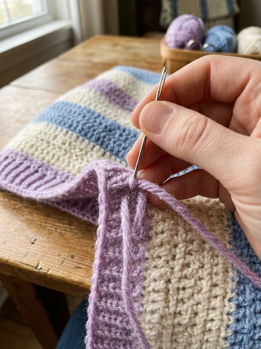 Yarn tails being woven securely into the blanket edge with a tapestry needle.