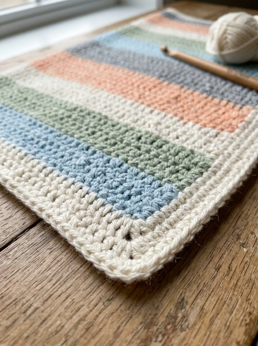 The corner of a crochet baby blanket with a single crochet border in cream.