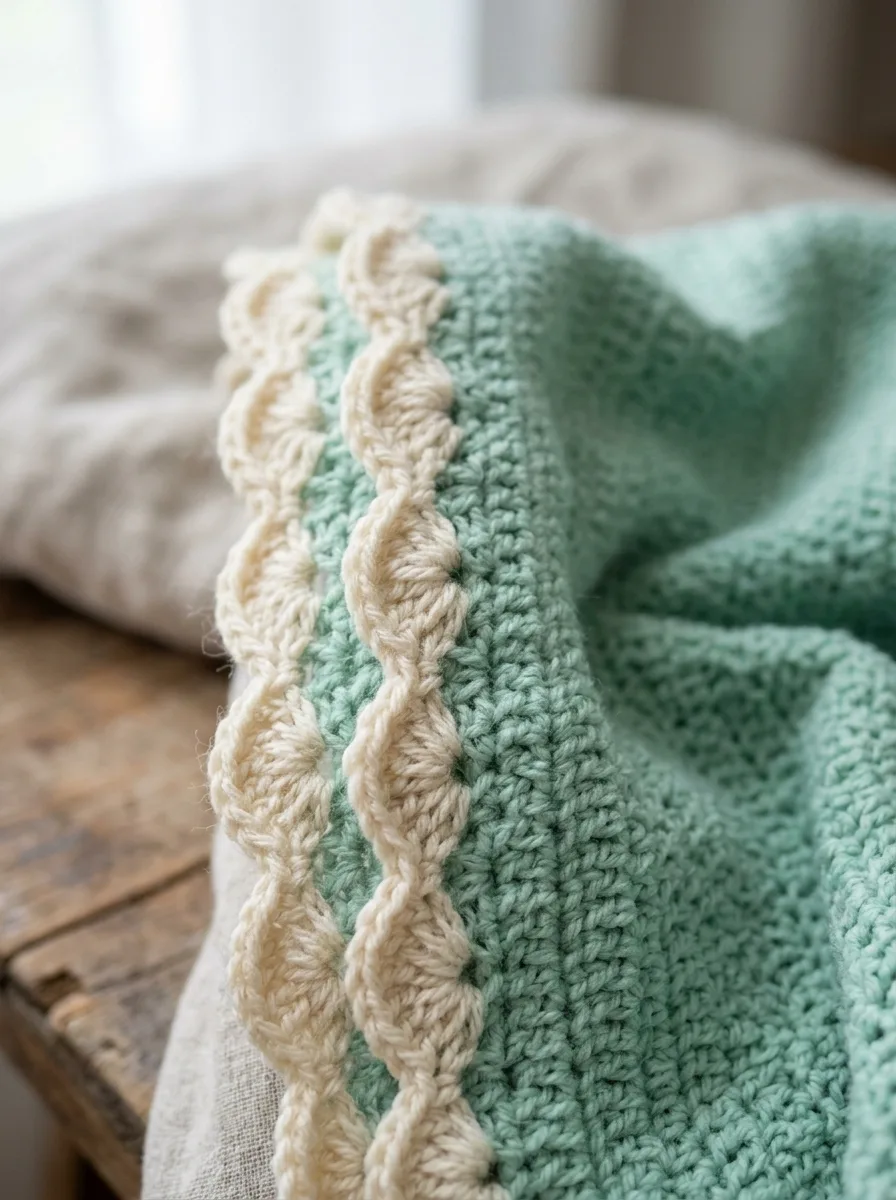 A scalloped shell border on a mint crochet baby blanket.