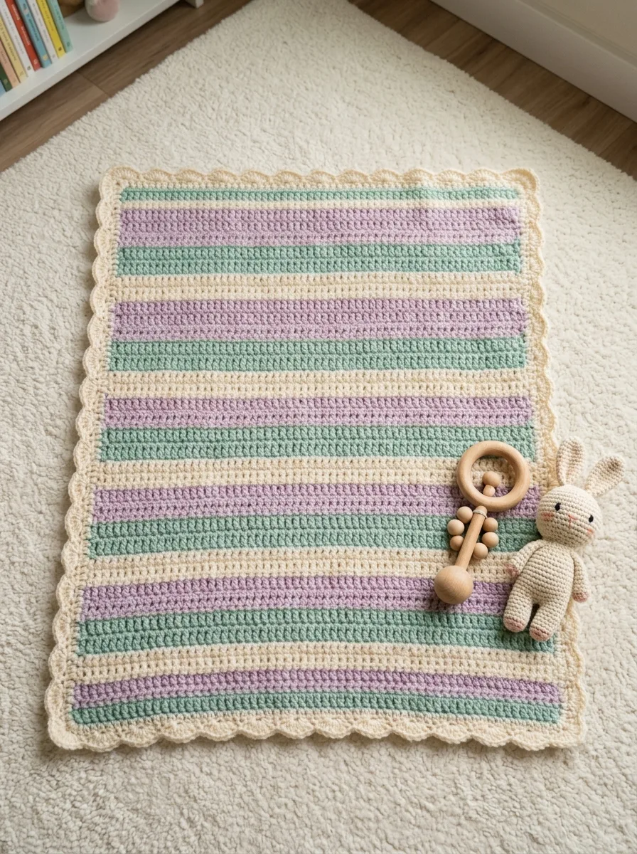 The finished striped baby blanket laid flat on a nursery floor rug.