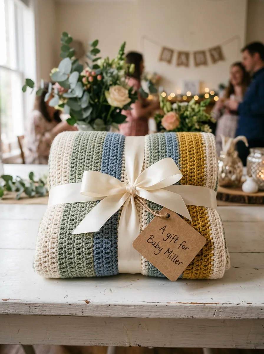 A crochet baby blanket folded with a ribbon and gift tag for a baby shower.