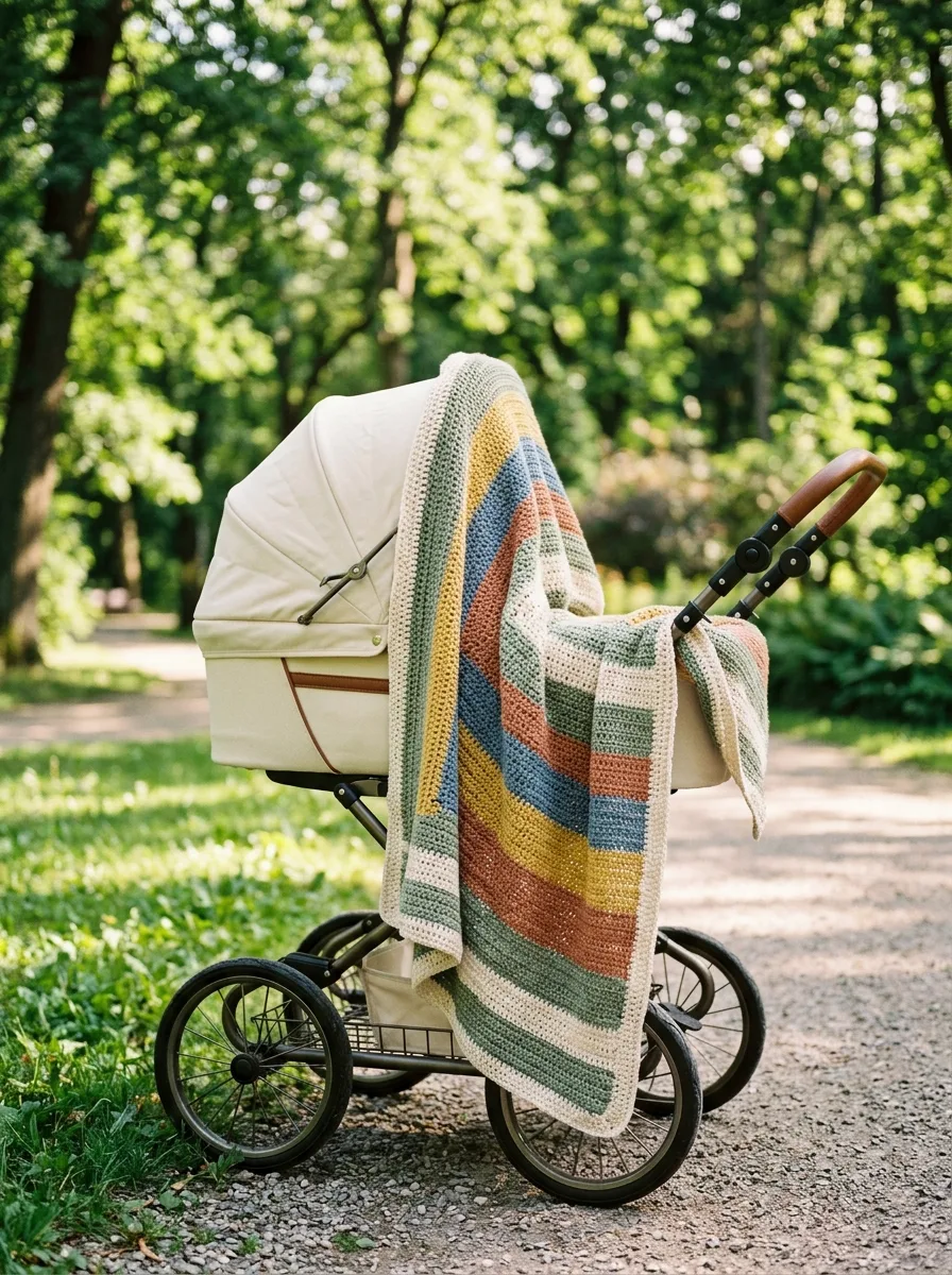 A crochet baby blanket over a stroller in a sunny park.
