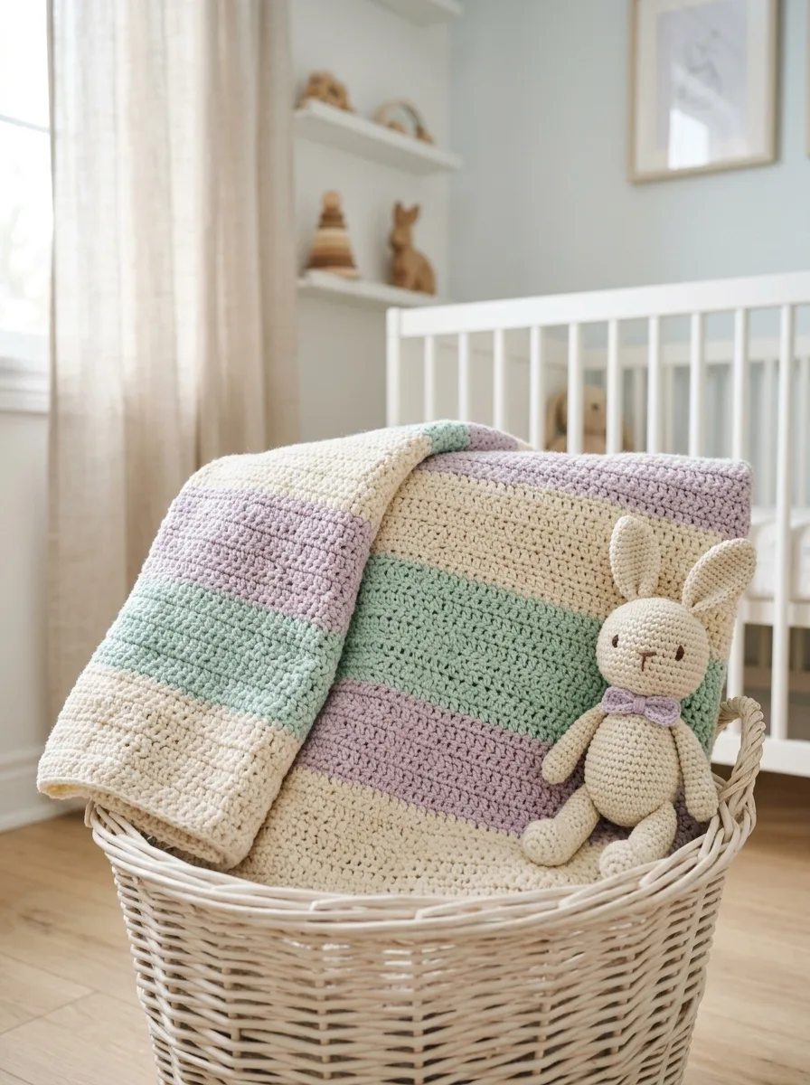 A soft striped crochet baby blanket in cream, lilac, and mint folded in a white wooden crib-side basket with a small crochet bunny.