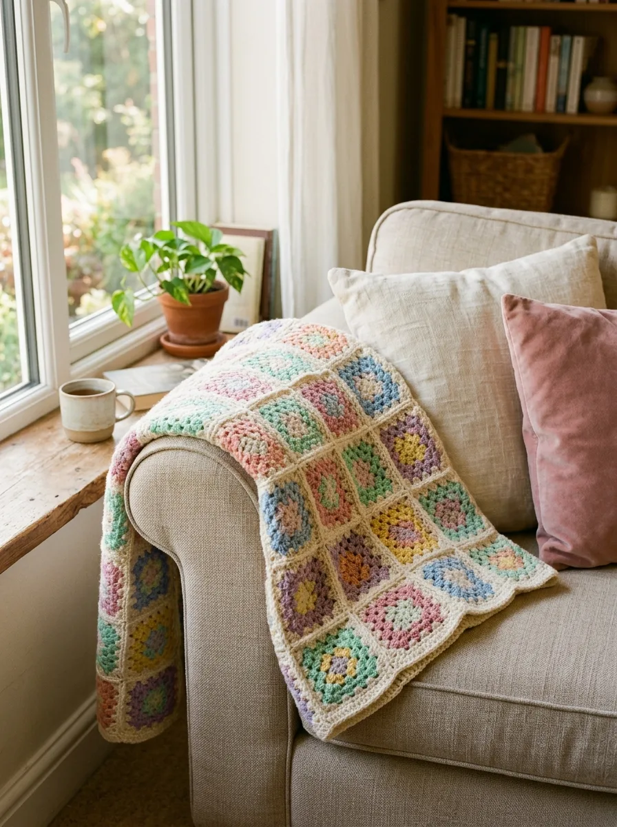 A multicolor granny square blanket draped over a sofa.