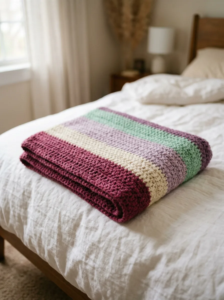 A striped crochet blanket in half double crochet rows folded on a bed.