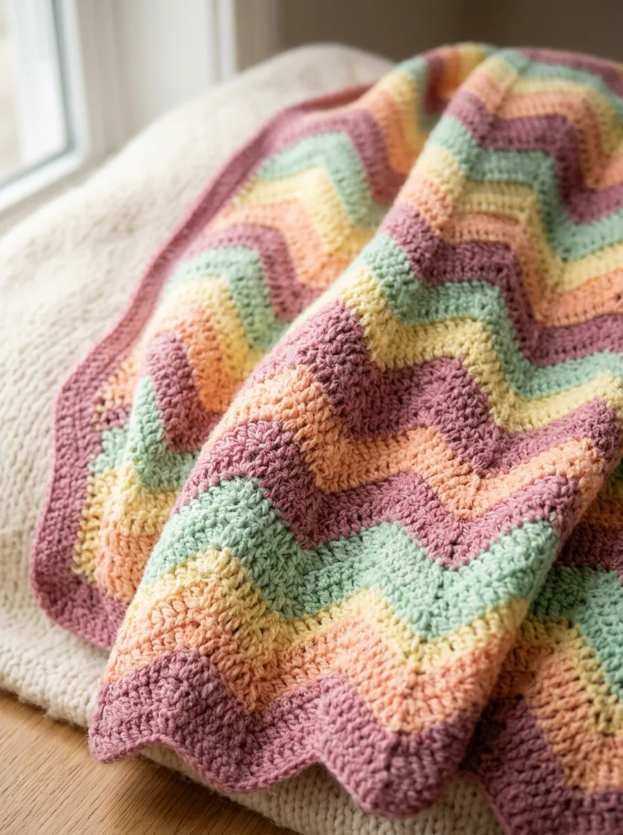 Close-up of a ripple chevron crochet blanket in pastel waves.