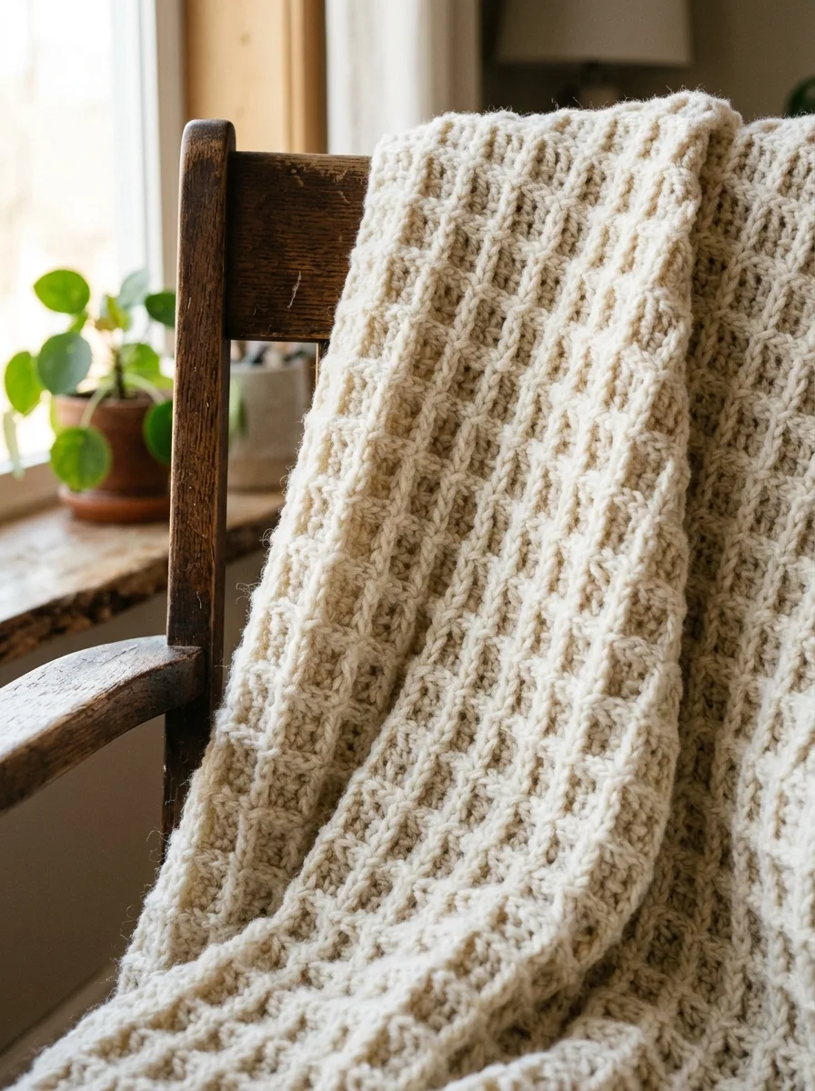 A textured waffle stitch crochet blanket in cream.