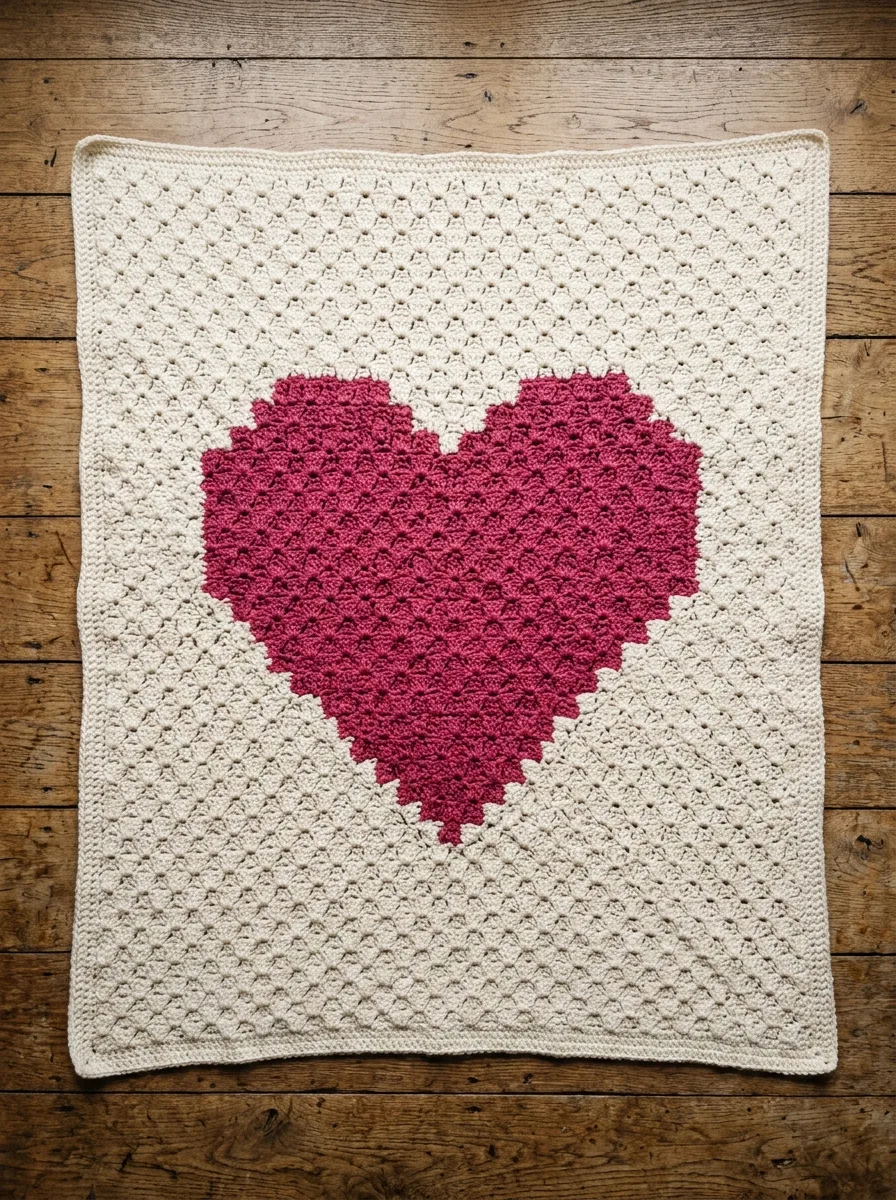 A corner-to-corner (C2C) crochet blanket with a pixel heart design.