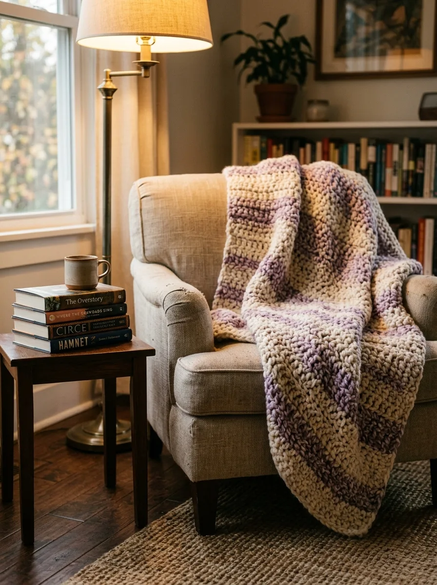 A chunky crochet throw in super bulky yarn on a reading chair.