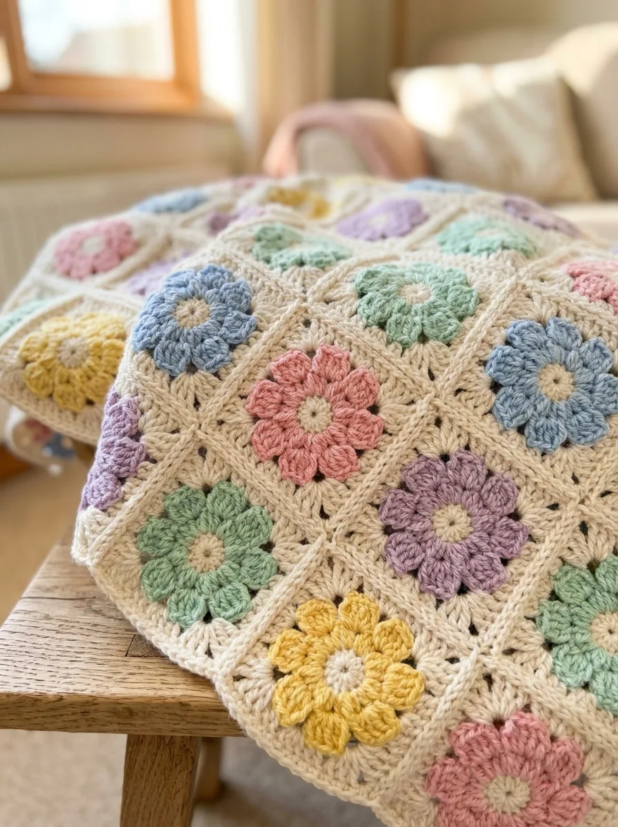 A flower granny square blanket with pastel flower motifs.
