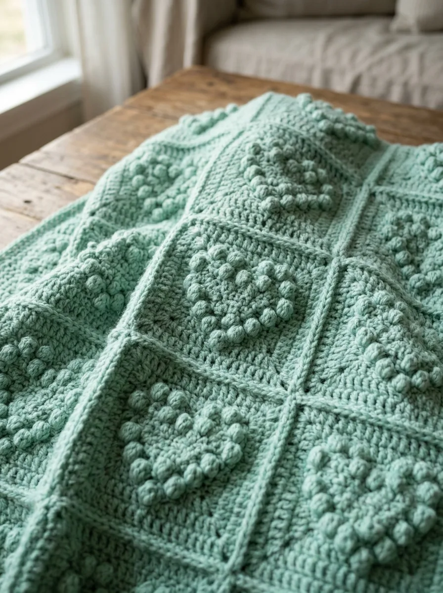 A bobble stitch crochet blanket in mint with raised bobble hearts.