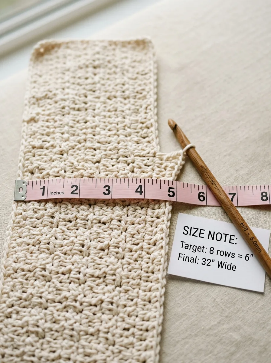 A tape measure across a blanket in progress to check the width against a size chart.