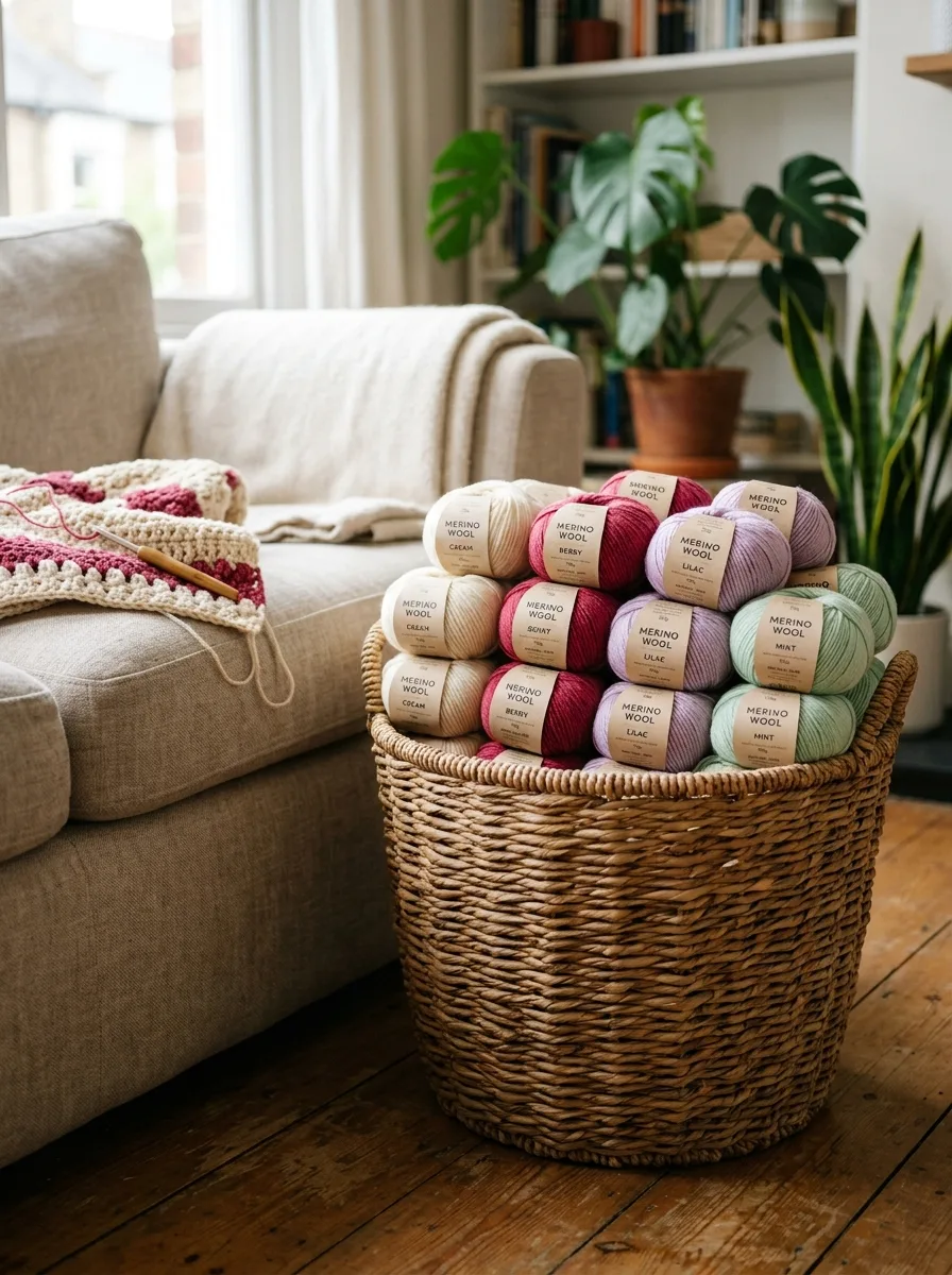 Stacks of yarn skeins for a blanket project in a woven basket, all from the same dye lot.