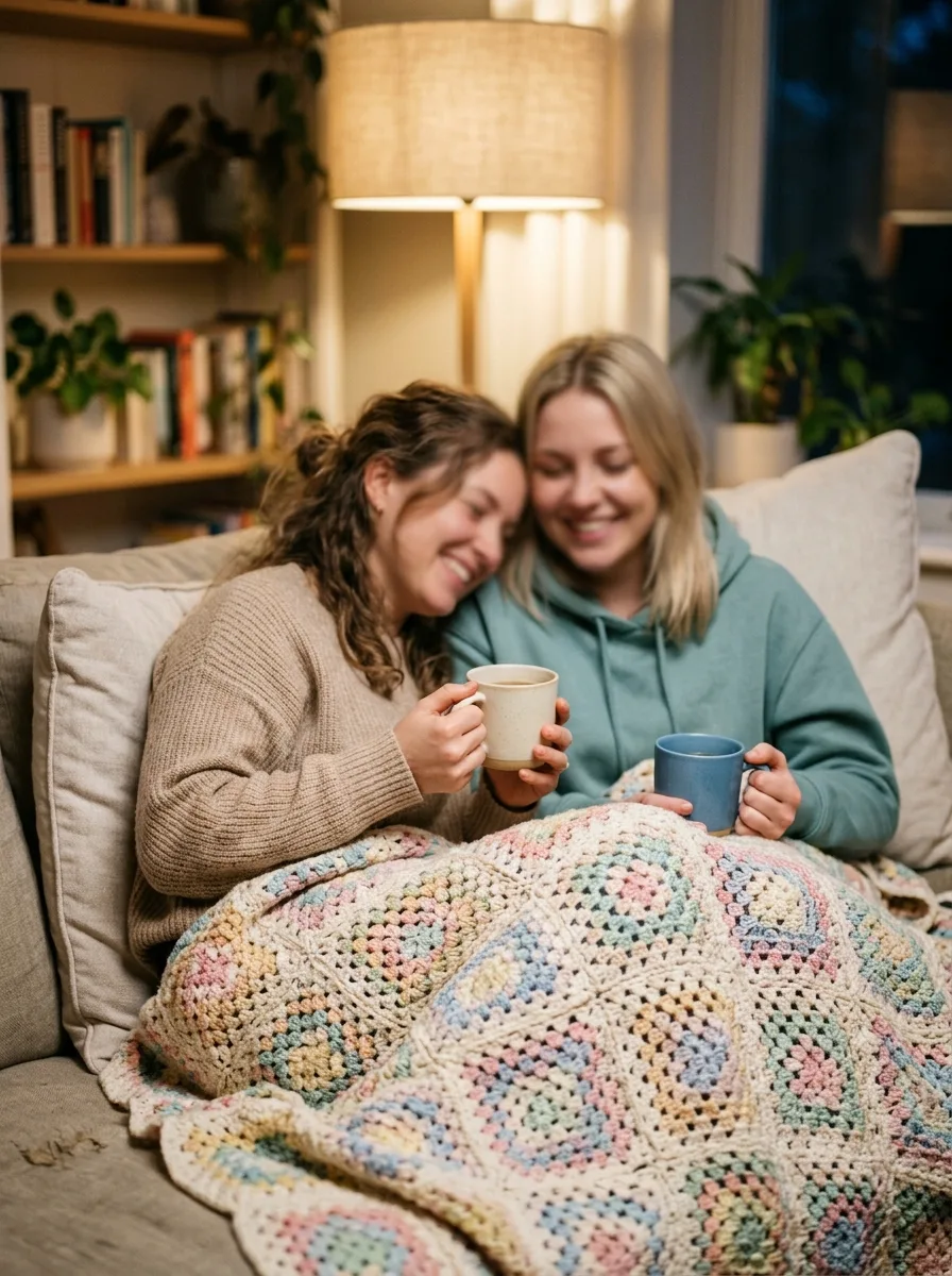 A family curled up under a handmade crochet blanket on a sofa.