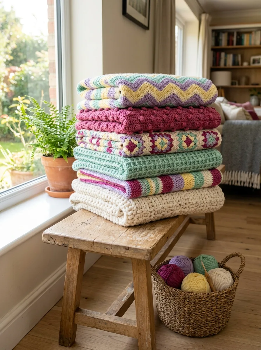 A stack of folded crochet blankets in different stitch patterns and pastel colors on a wooden bench beside a sunny window.