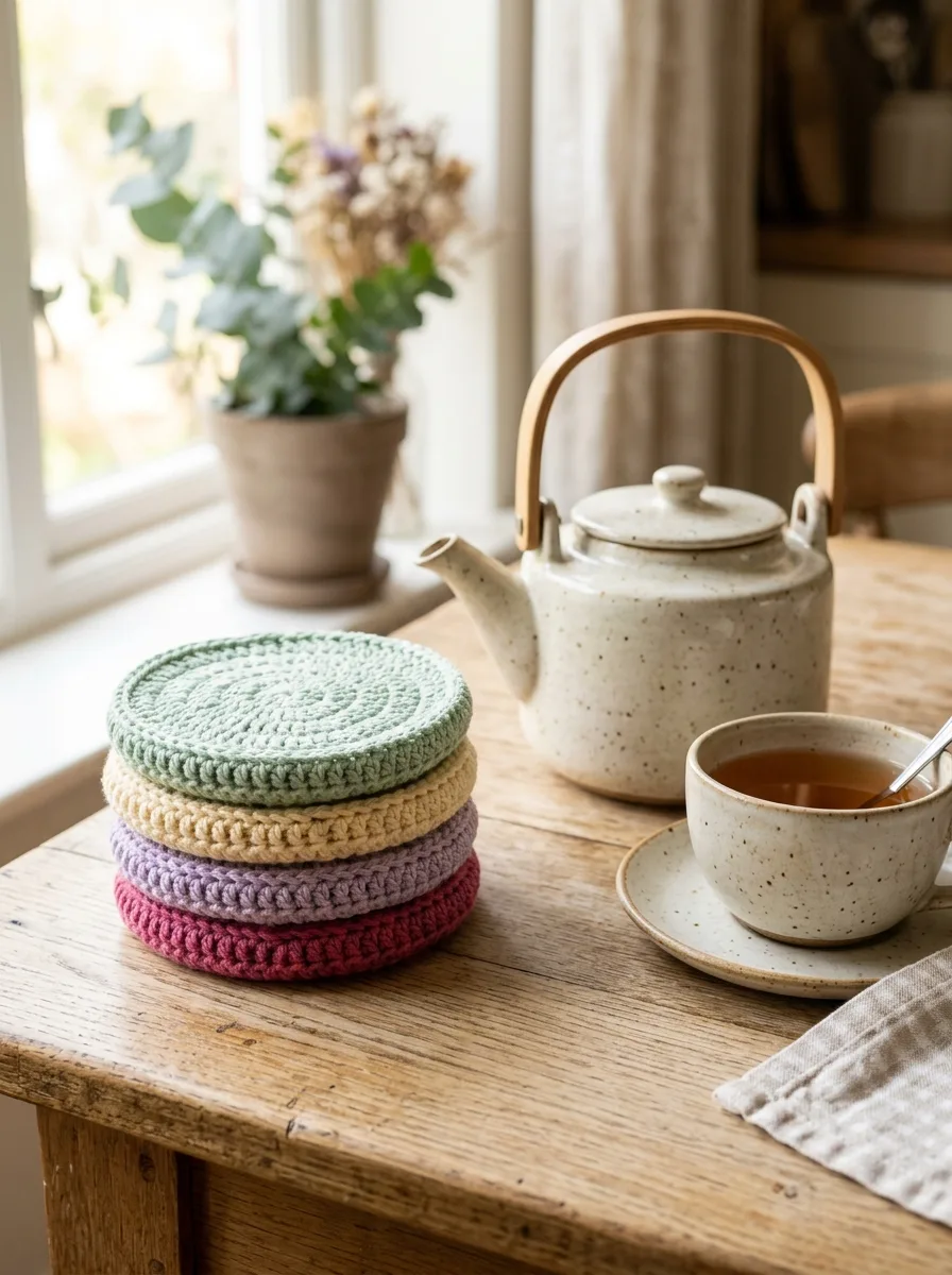Round cotton crochet coasters in pastel colors stacked beside a teapot.