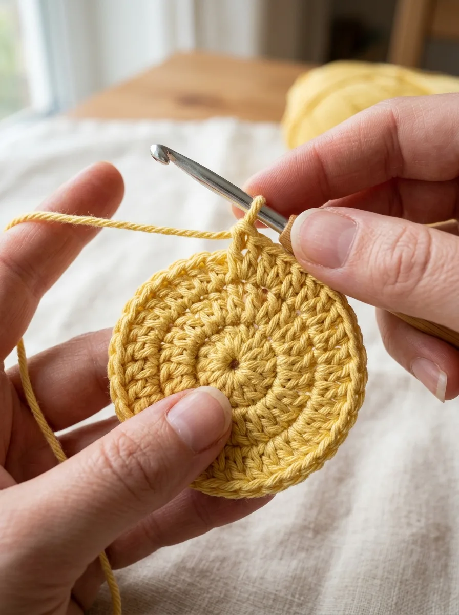 A round crochet coaster being worked from a magic ring in double crochet rounds.