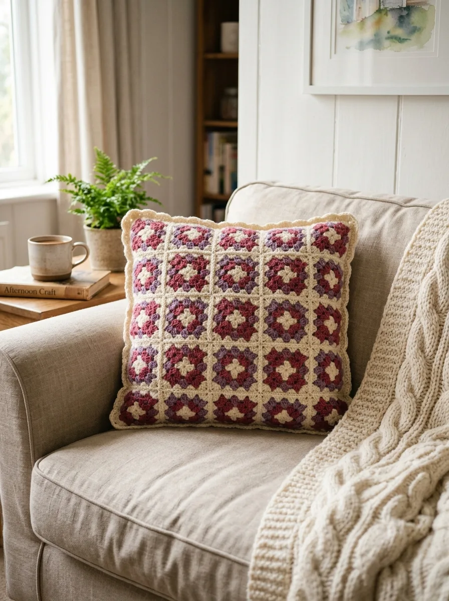 A granny square pillow cover on a linen sofa.