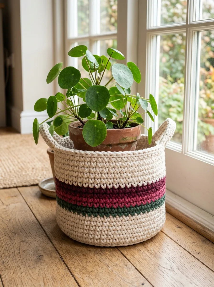 A round crochet basket in chunky cotton cord holding a potted plant.