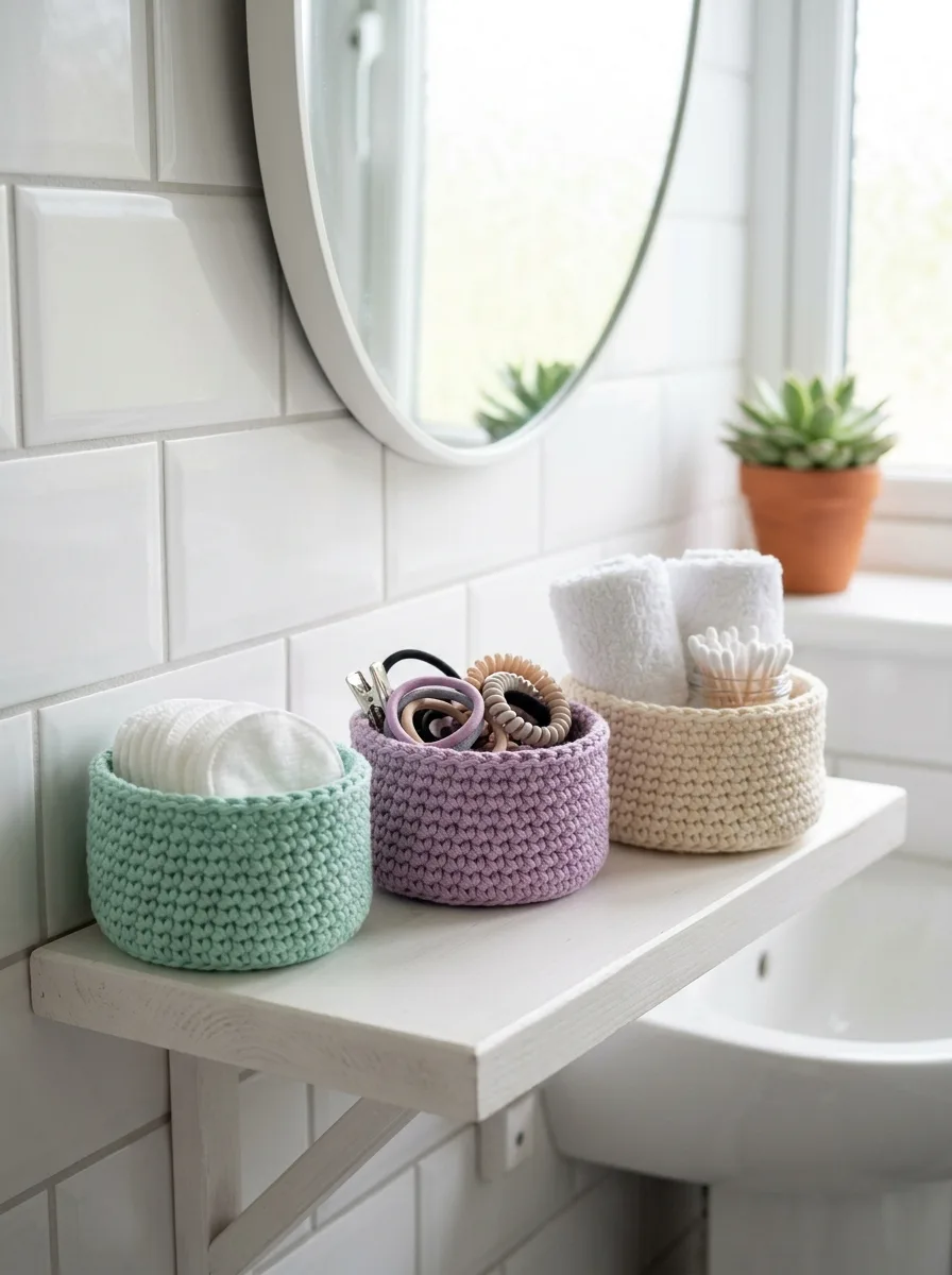 Small crochet storage baskets on a bathroom shelf holding cotton pads and hair ties.