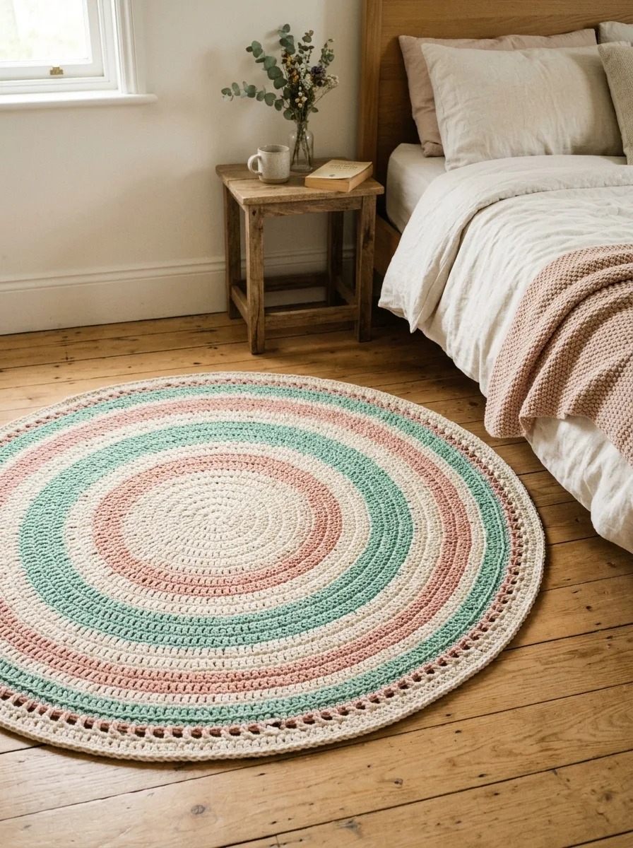 A round crochet rug in cream and pastel rings on a bedroom floor.