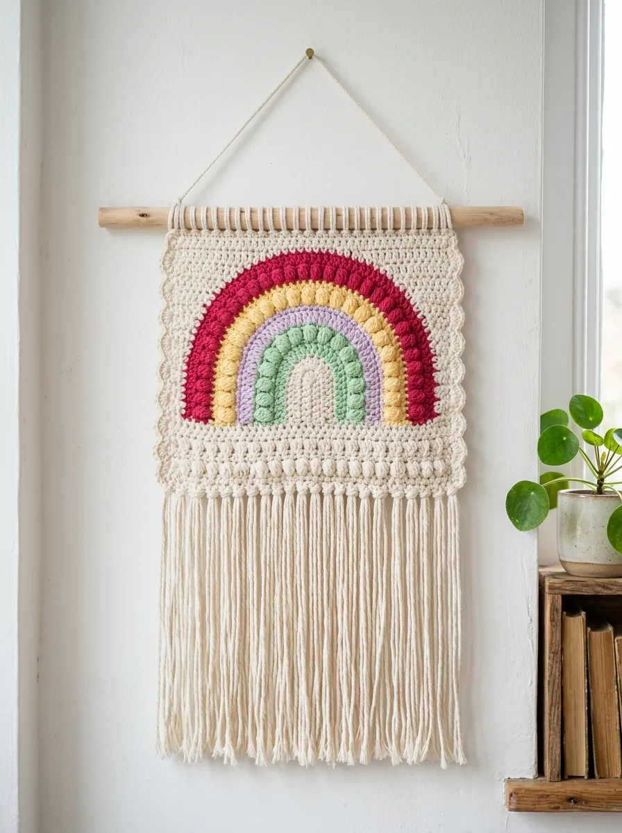 A crochet wall hanging with fringe and a rainbow motif on a white wall.