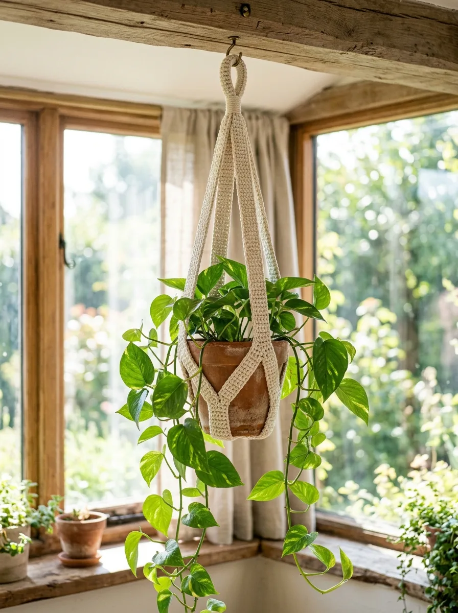 A crochet plant hanger holding a trailing pothos in front of a window.