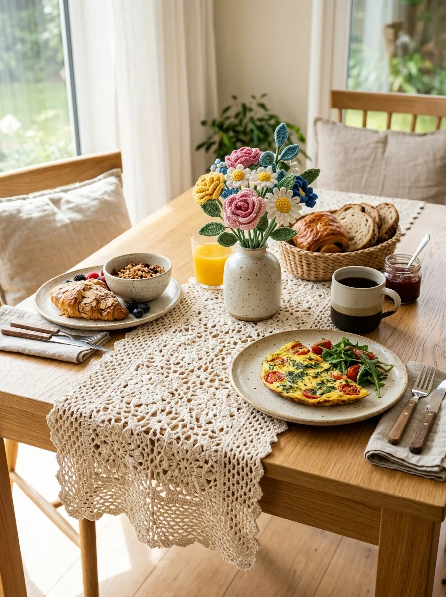 A crochet table runner with a lacy pattern on a dining table set for brunch.