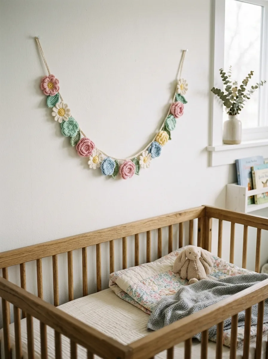 A crochet flower garland across a nursery wall.