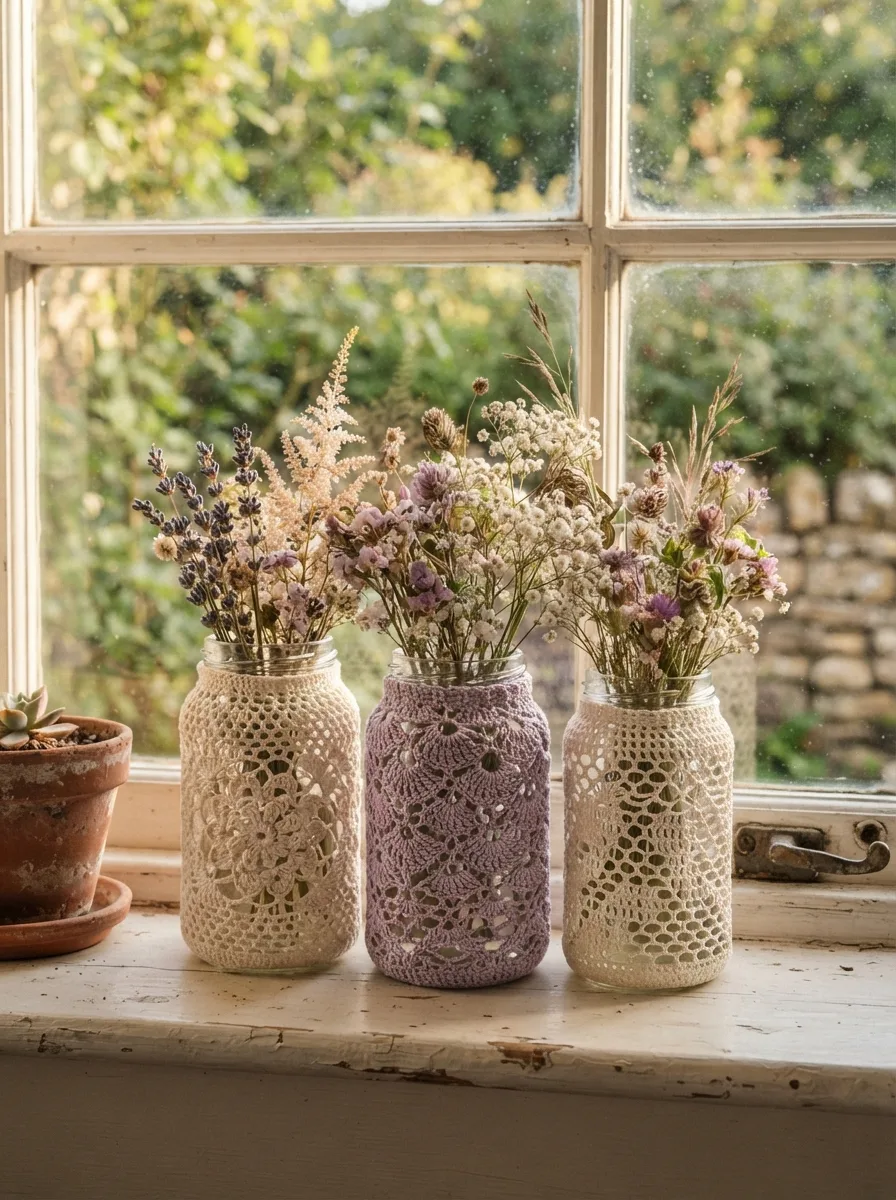 Crochet covers on glass jars used as candle holders and vases.