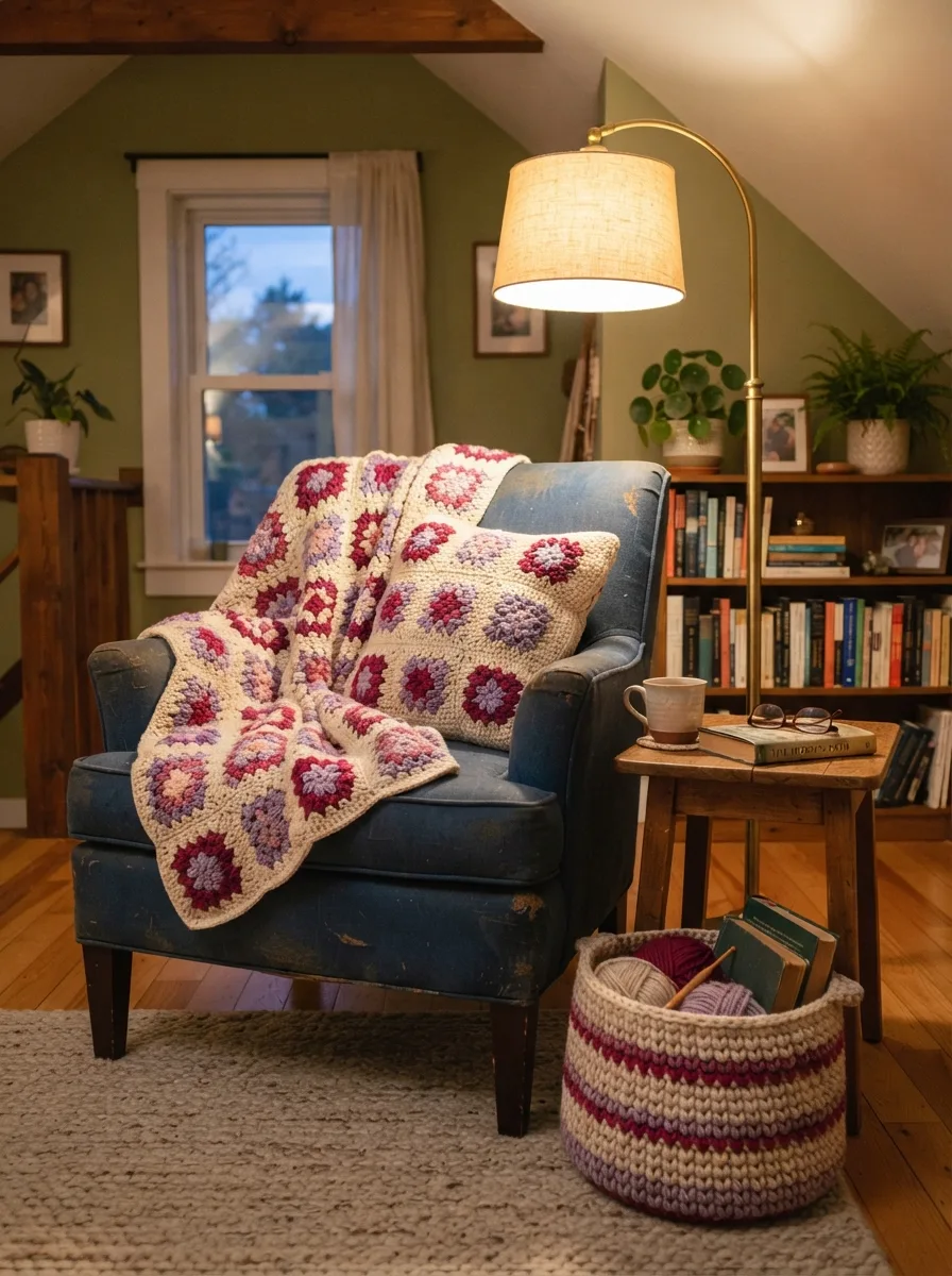 A cohesive room with crochet pieces in one palette: pillow, basket, and throw.