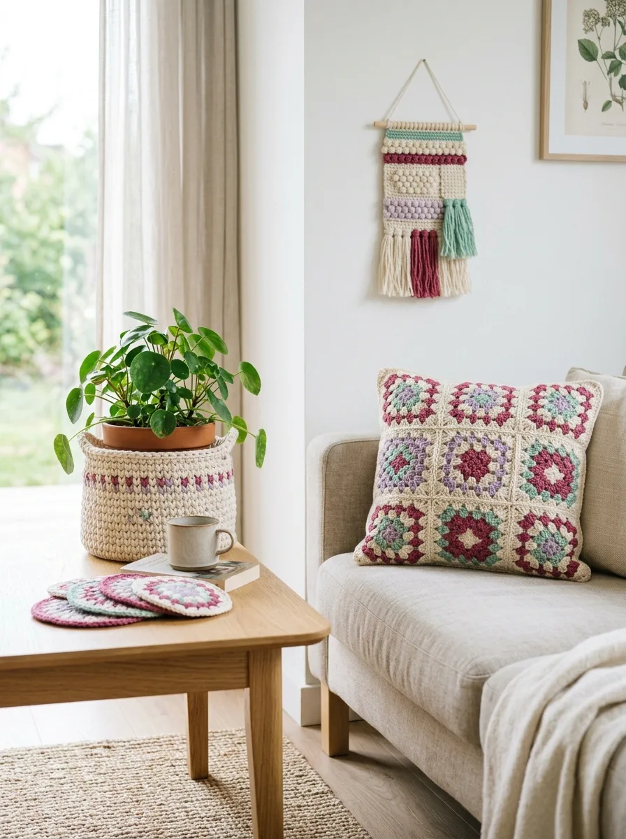 A bright living room styled with crochet home decor: a granny-square pillow, a round cotton basket with a plant, coasters on a coffee table, and a wall hanging.
